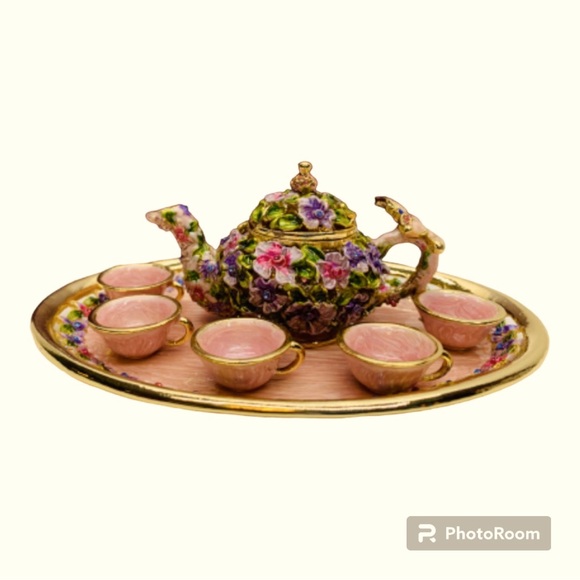 Teapot trinket box set enamel and crystals 7 pieces NEW - Picture 1 of 6